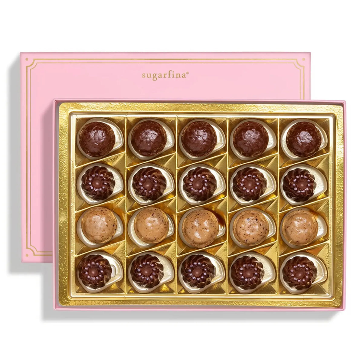A Sugarfina chocolate box with 18 assorted chocolates arranged in a gold tray, shown with its pink lid behind it on a white background.