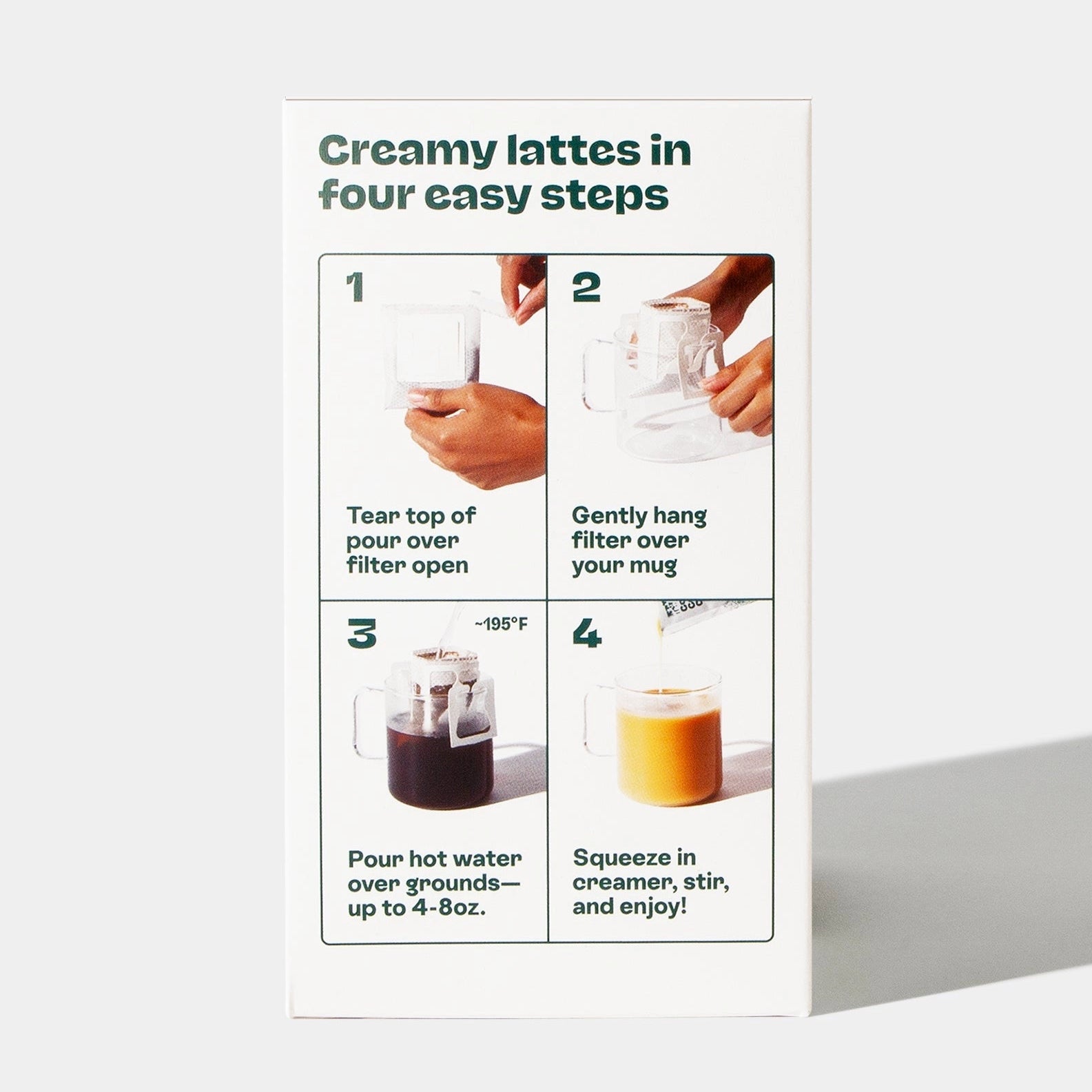 Instructions for making creamy lattes with four easy steps on a white background