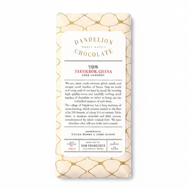 Dandelion Chocolate bar with packaging on a white background