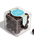 Clear plastic cube with dark chocolate balls inside