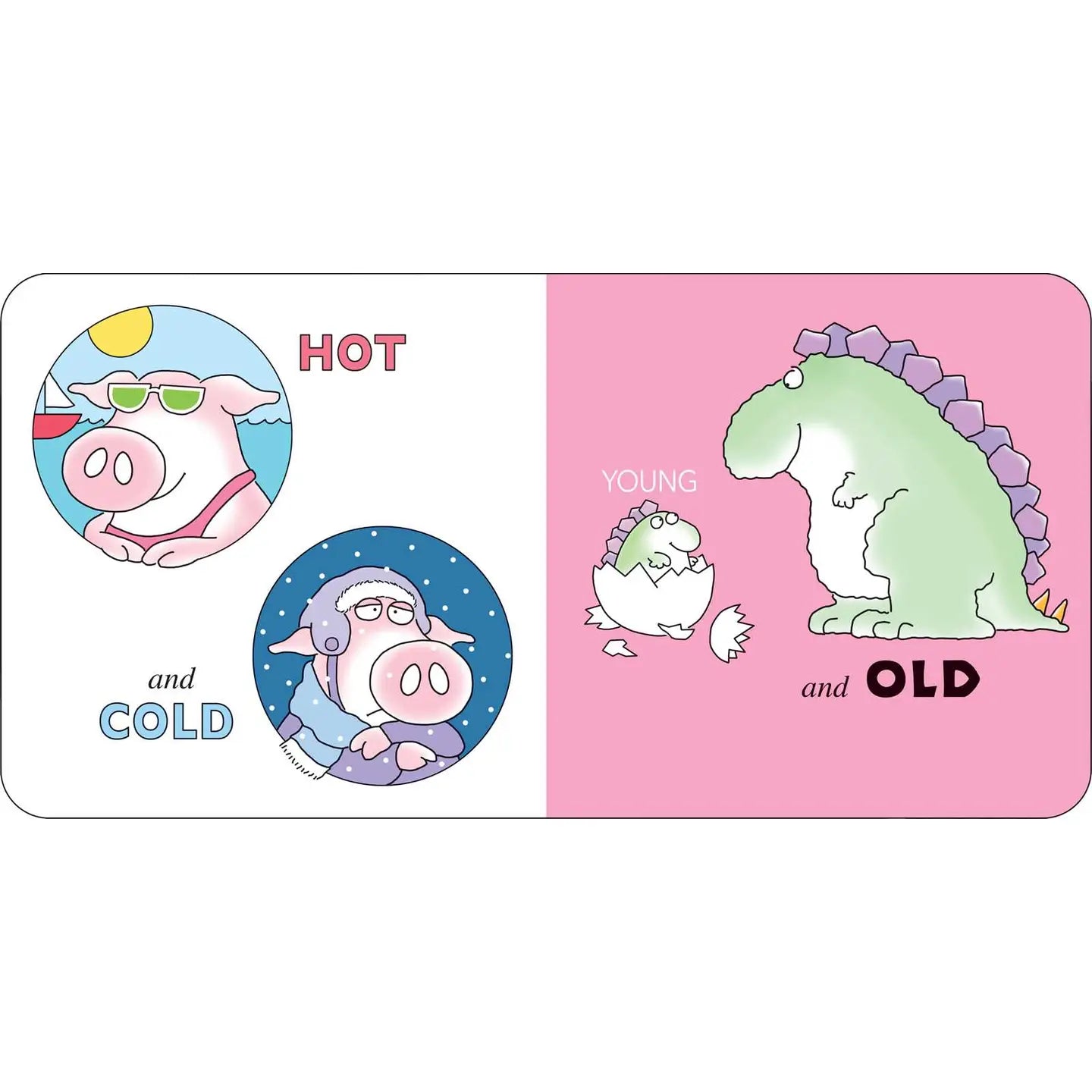 Illustrations of a pig and a dinosaur on a white and pink background with text.