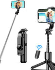 Black selfie stick with smartphone holder and remote control on a white background