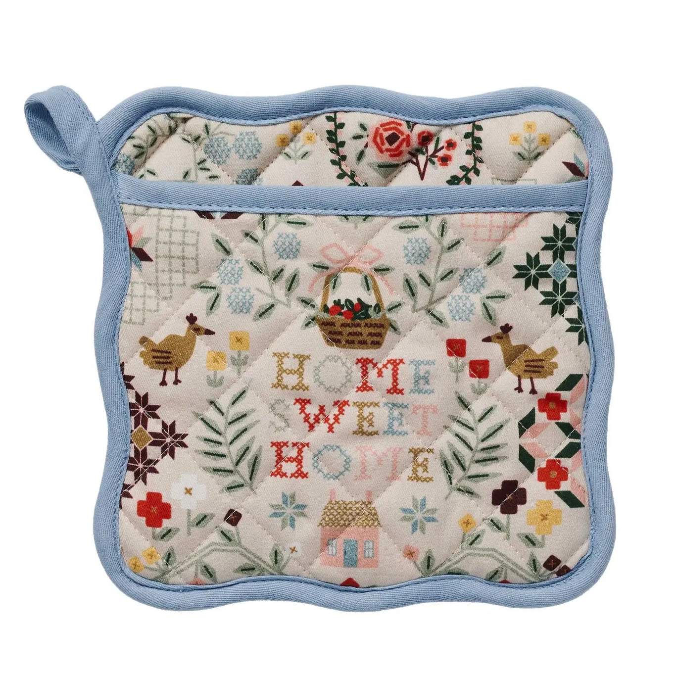 Quilted pot holder with 'Home Sweet Home' text and floral patterns on a white background