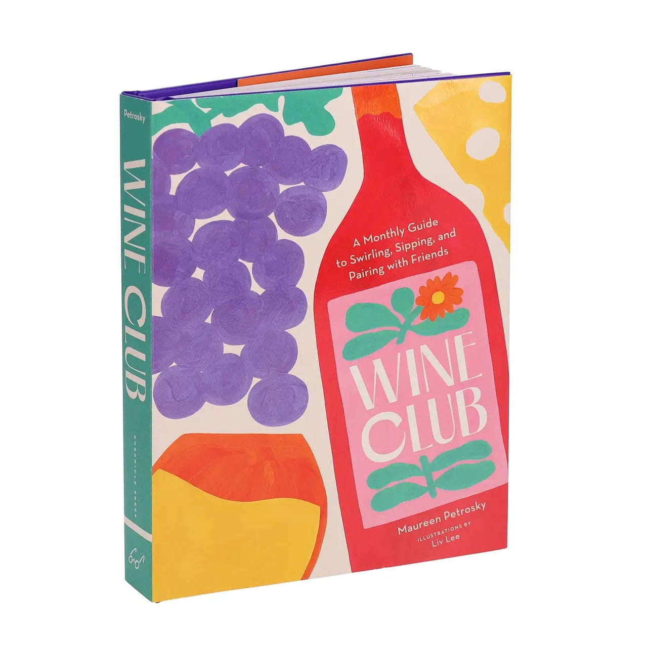 Colorful book cover of 'Wine Club' with grapes and a wine bottle design on a white background