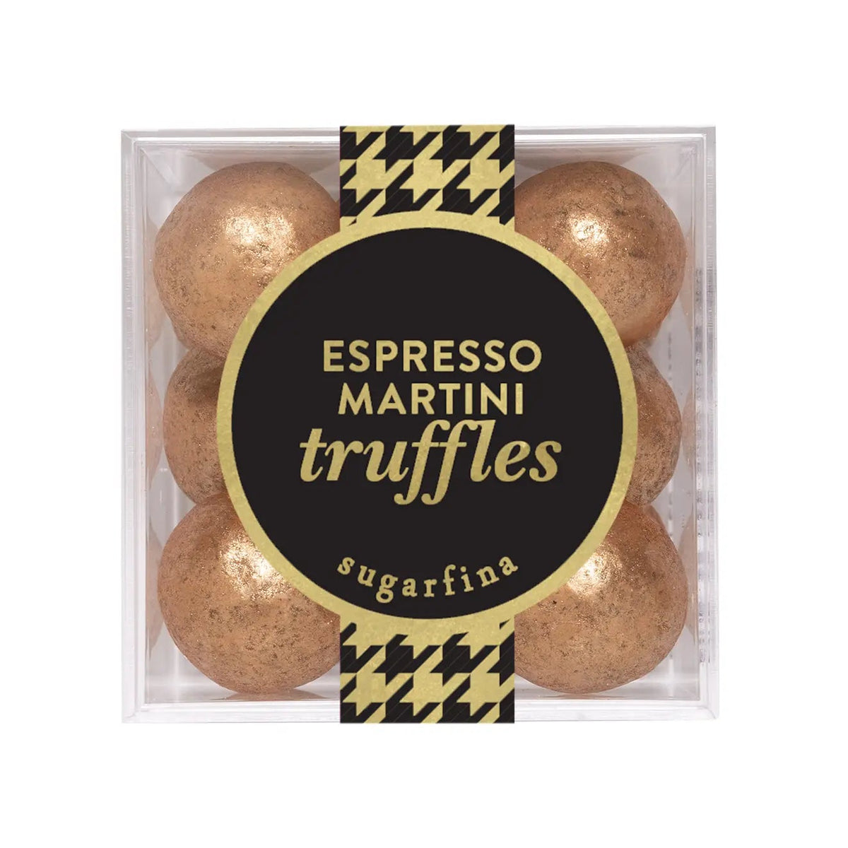 A clear square plastic box containing six metallic brown espresso martini truffles, with a black and gold label in the center reading 'ESPRESSO MARTINI truffles' and 'sugarfina'.