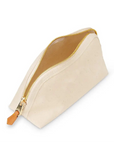 Beige cosmetic bag with gold zipper on a white background