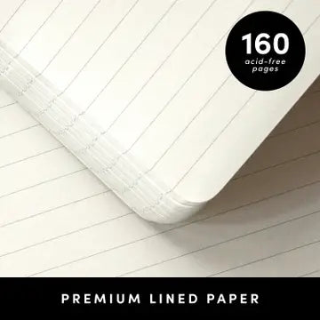 Stack of premium lined paper with a label indicating 160 acid-free pages on a wooden surface.