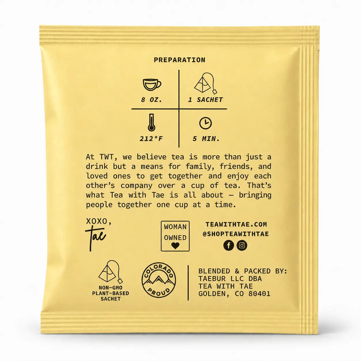 Back of the tea with tae chamomile tea sachet 
