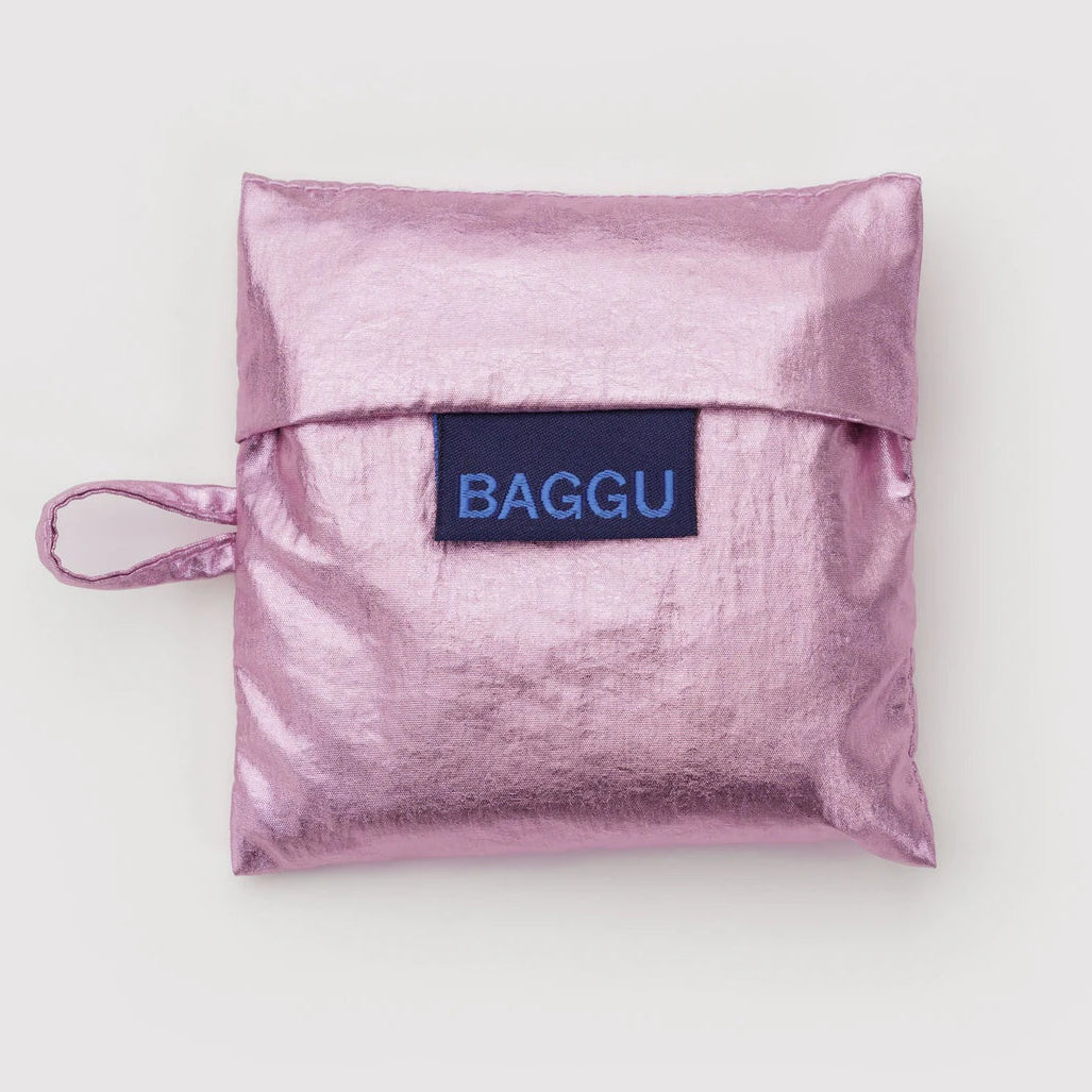 Pink reusable bag with 'BAGGU' logo on a white background