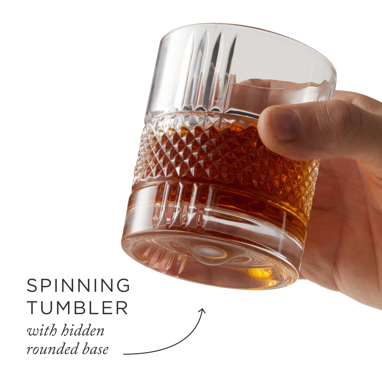 Hand holding a glass of amber liquid with text describing the 'Spinning Tumbler'.