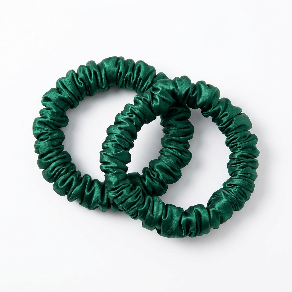 A green satin scrunchie displayed in a circular arrangement on a dark textured background with white text overlays.