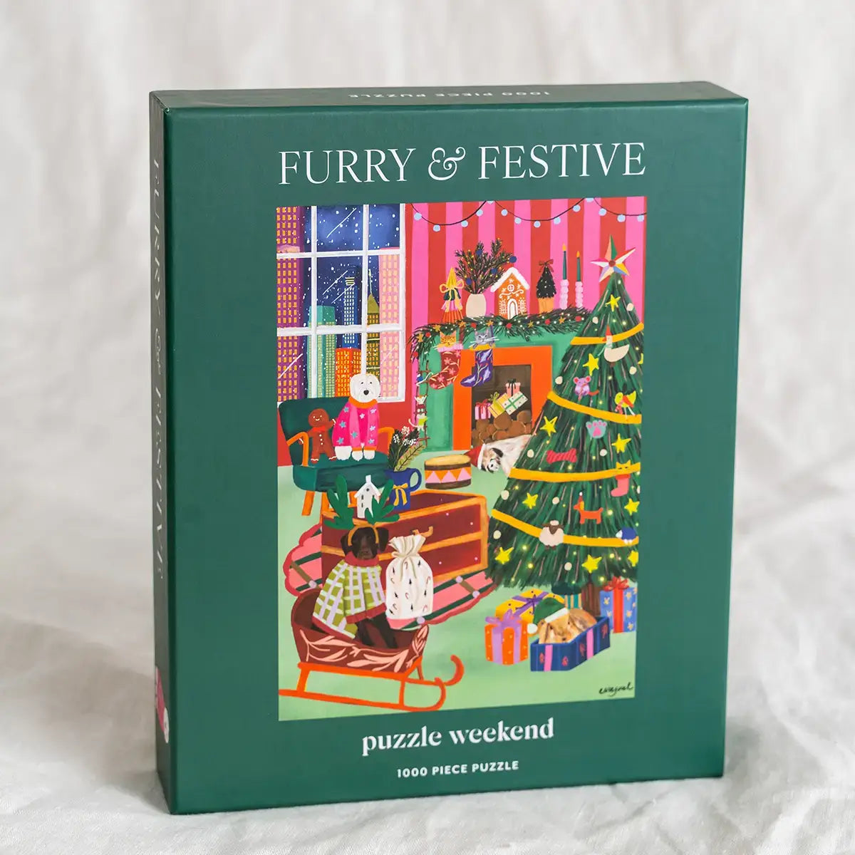 Jigsaw puzzle box titled 'Furry & Festive' with a Christmas-themed illustration on a white background.