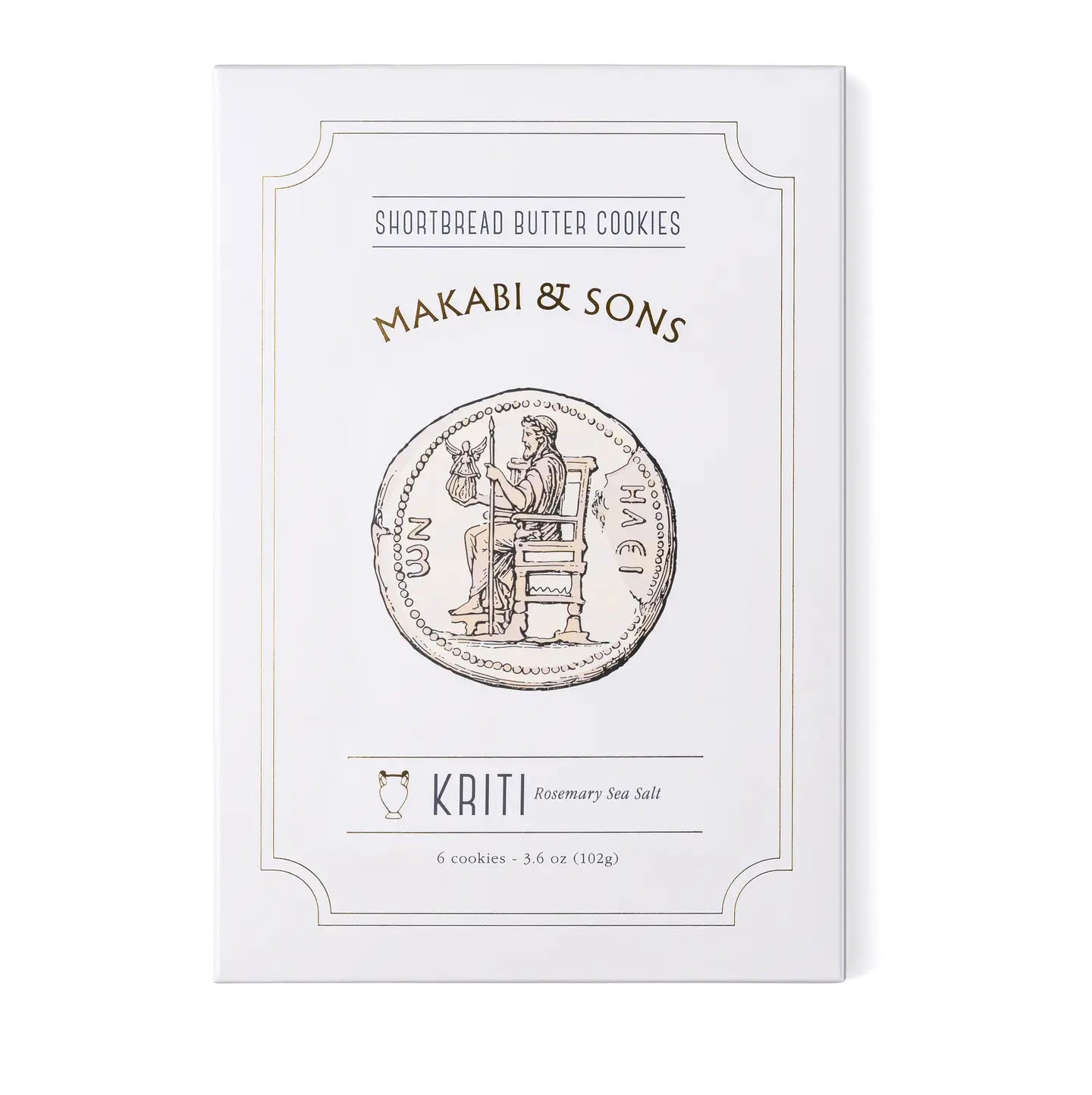 Packaging of Makabi & Sons shortbread butter cookies with decorative design and text.