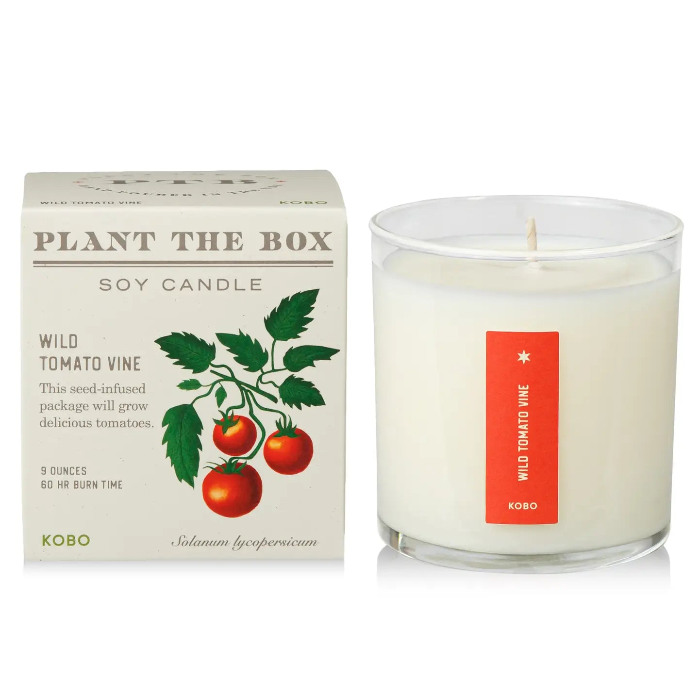 Candle with 'Plant The Box' packaging featuring tomato design