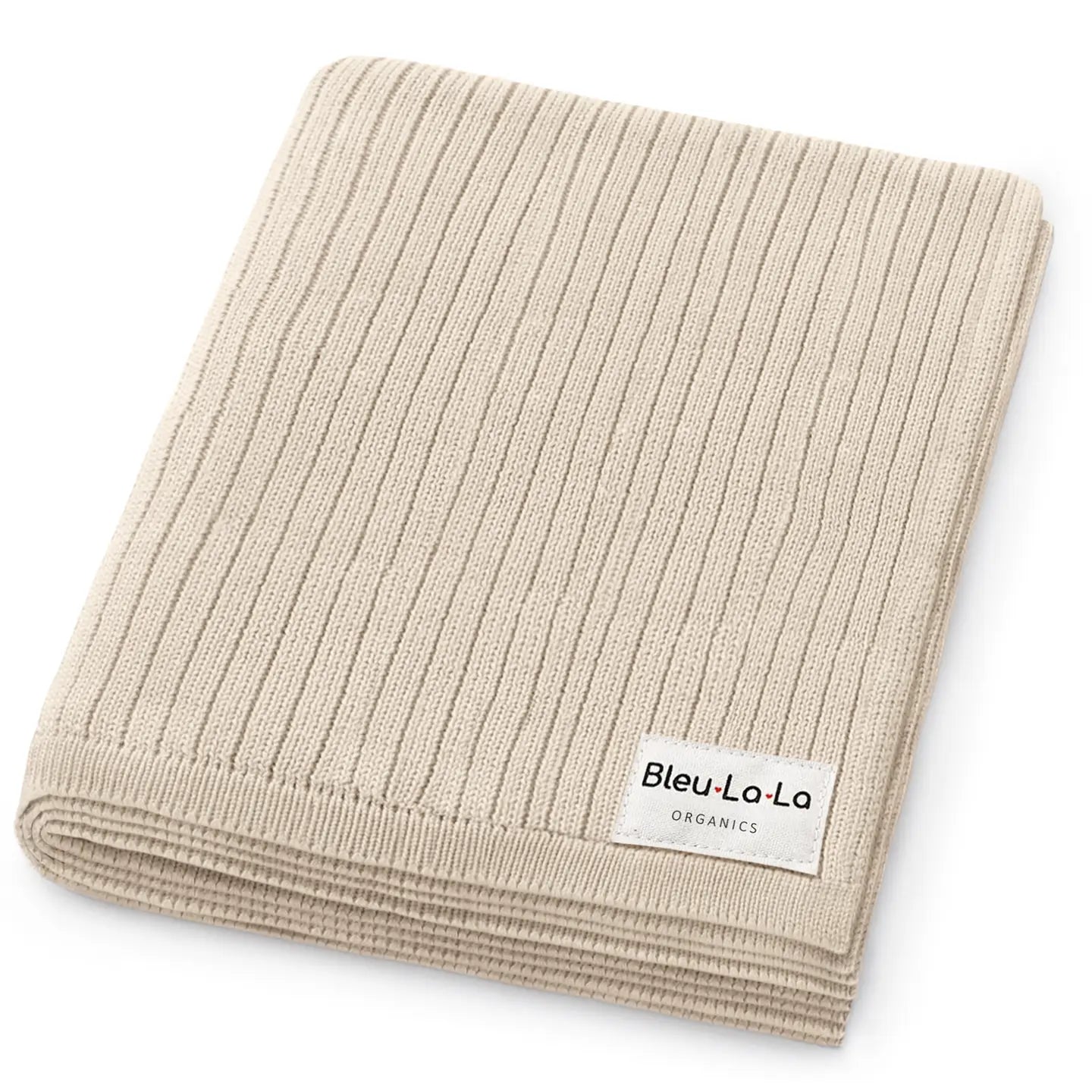 Beige ribbed blanket with Bleu-La-La label on a white background