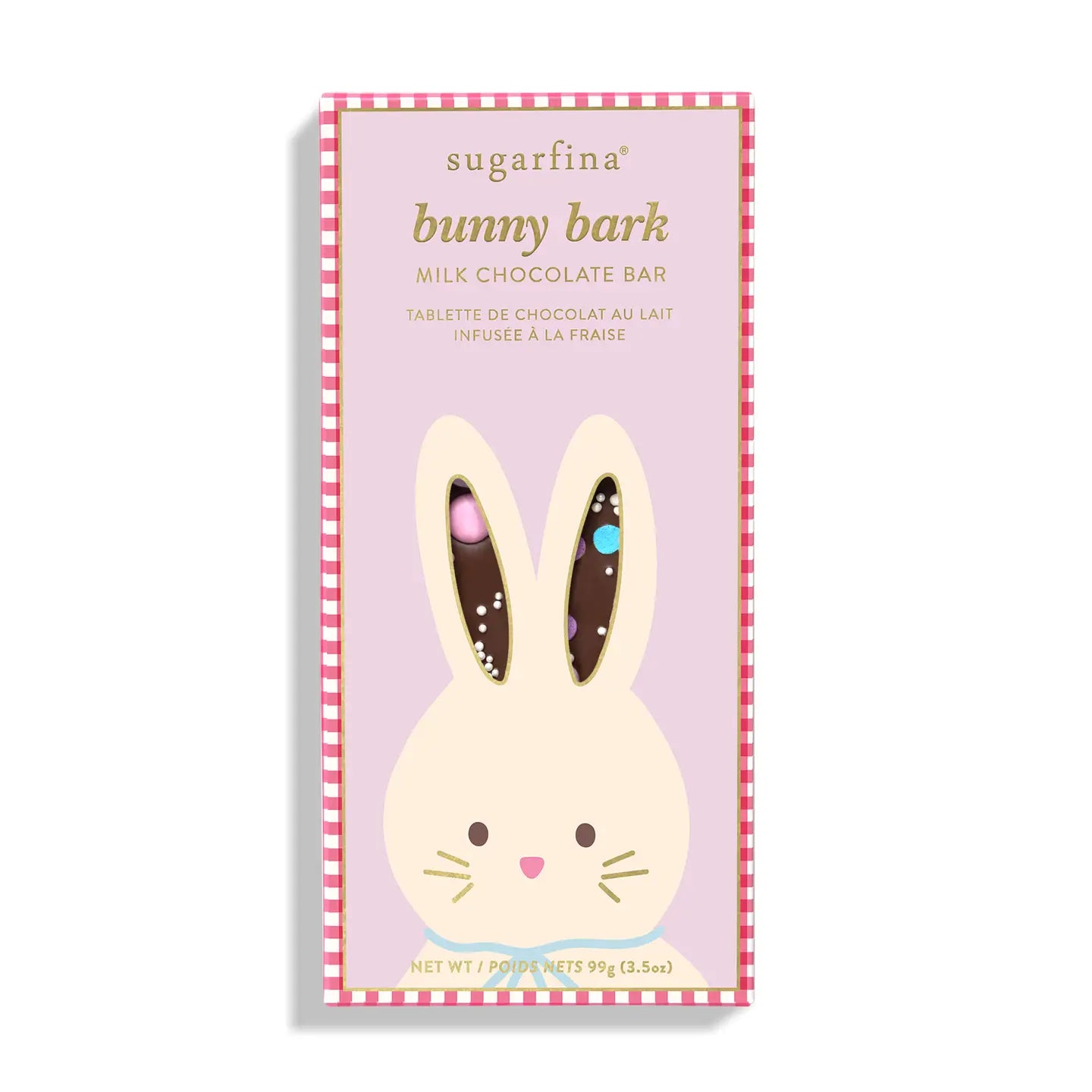Sugarpina bunny bark chocolate bar packaging on a white background