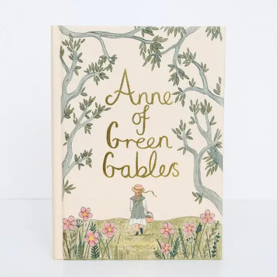 Book cover of 'Anne of Green Gables' with a girl and flowers on a beige background
