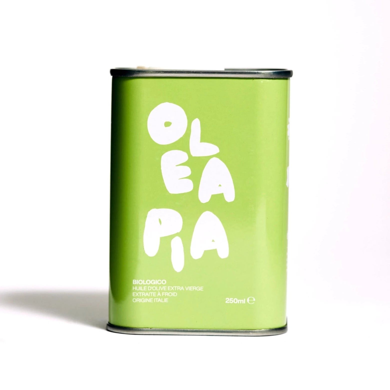 sage green aluminum olive oil can with white text on the front