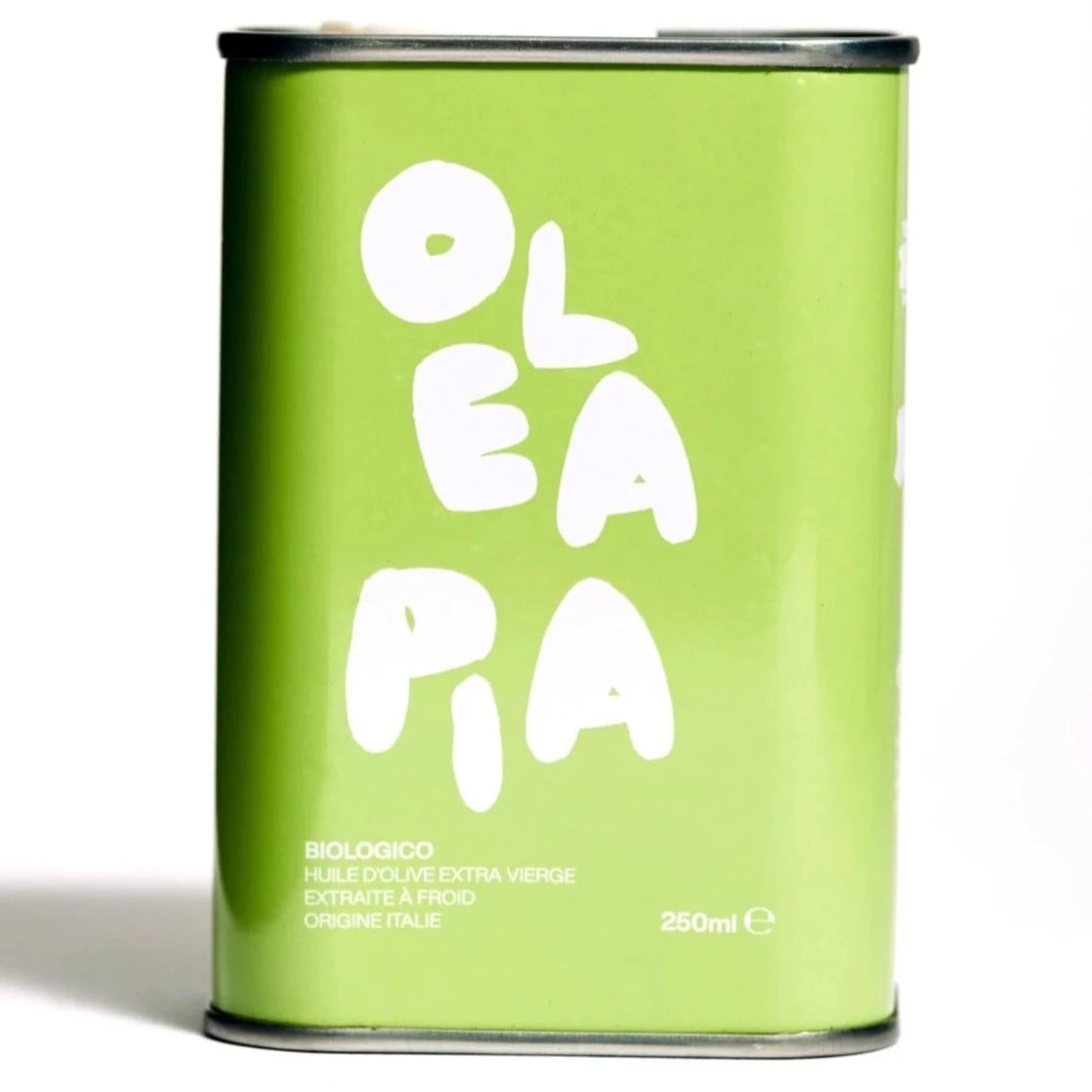 sage green aluminum olive oil can with white text on the front
