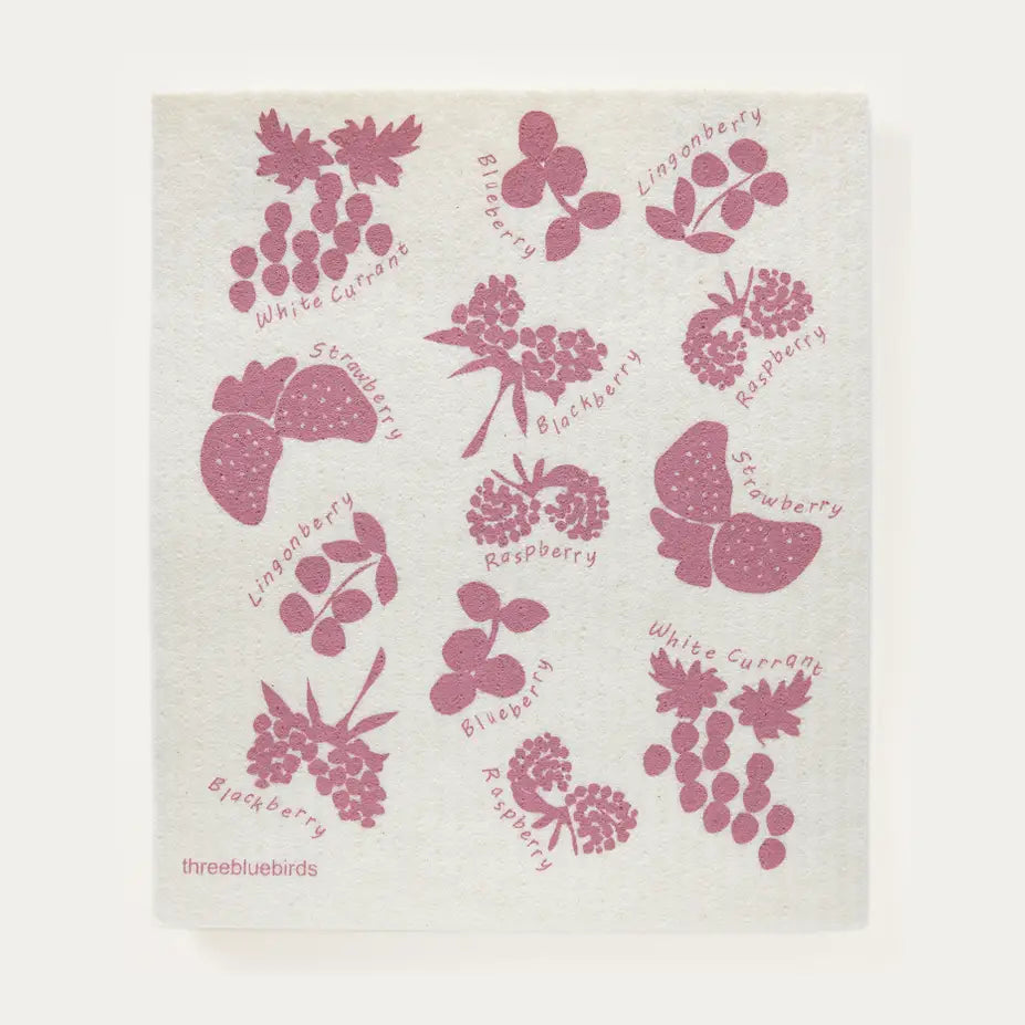 White cloth with pink berry illustrations and names on a white background