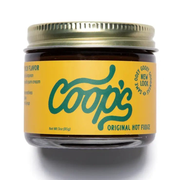 Jar of Coop's Original Hot Fudge on a white background