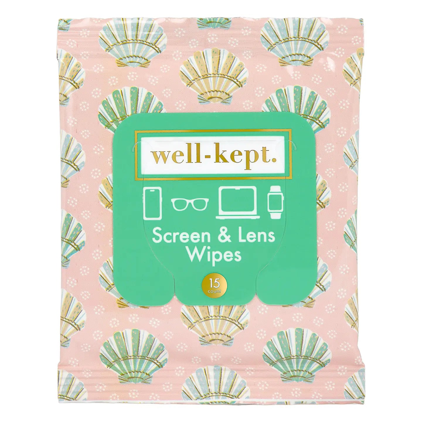 Pack of screen and lens wipes with shell pattern on a pink background