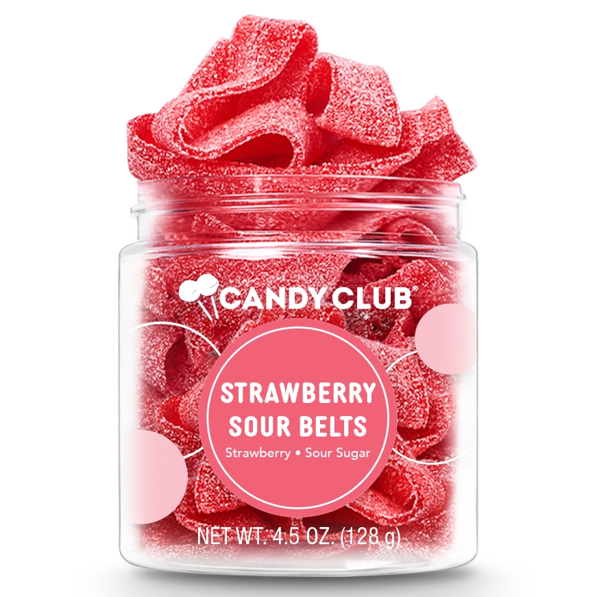 Jar of Strawberry Sour Belts from Candy Club on a white background