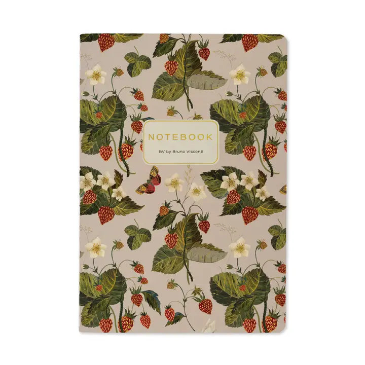 Notebook with strawberry and leaf pattern on a beige background