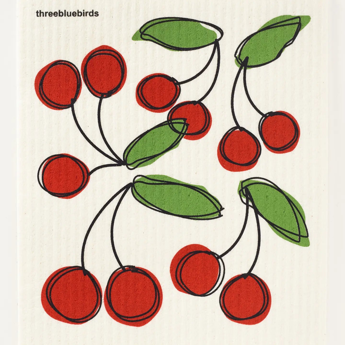 Illustration of cherries with green leaves on a white background, credited to 'threebluebirds'.