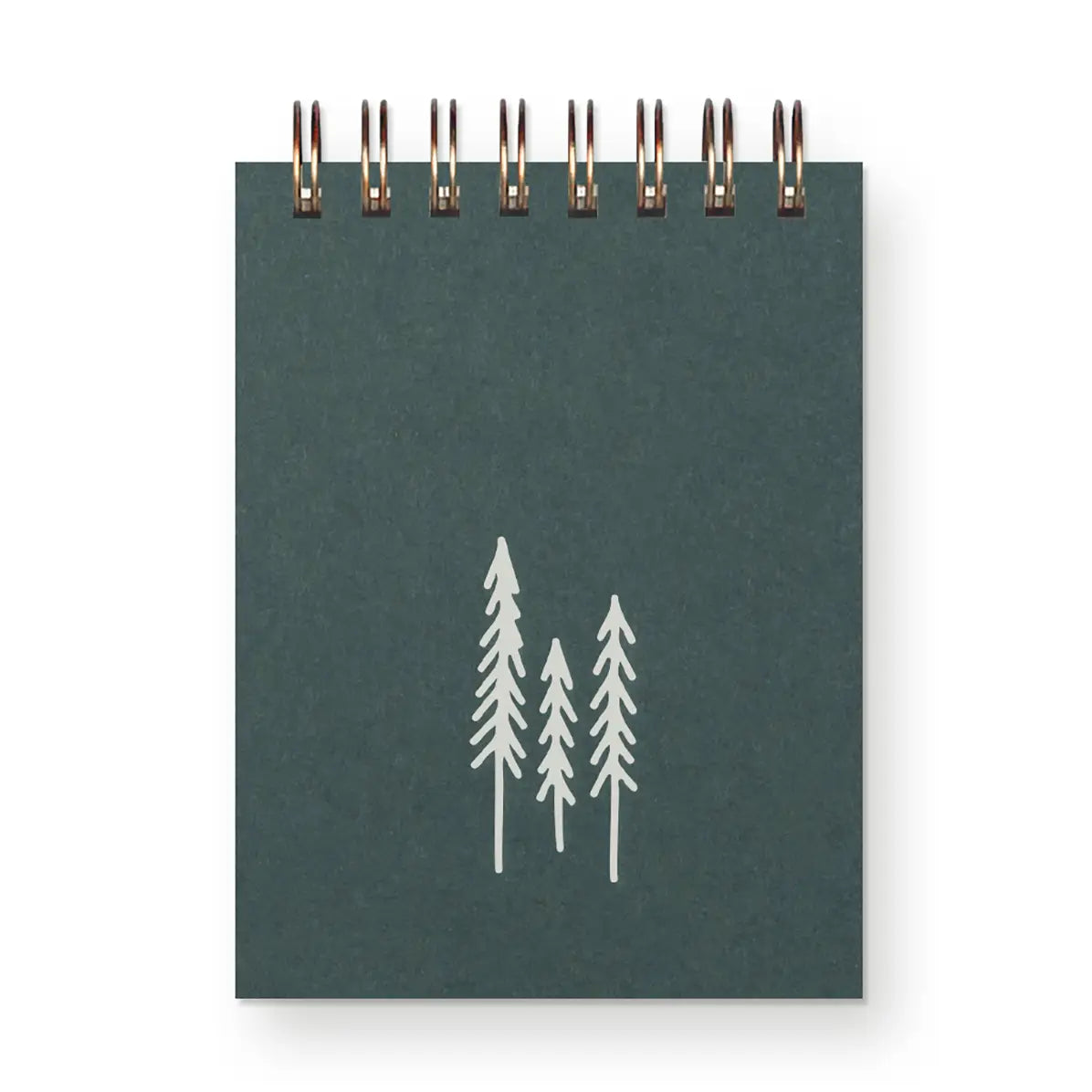 Green notebook with white tree illustrations on a white background