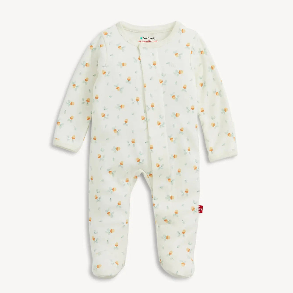 A baby footed sleeper in an off-white/cream color with a small orange and green floral pattern, shown flat on a light background.