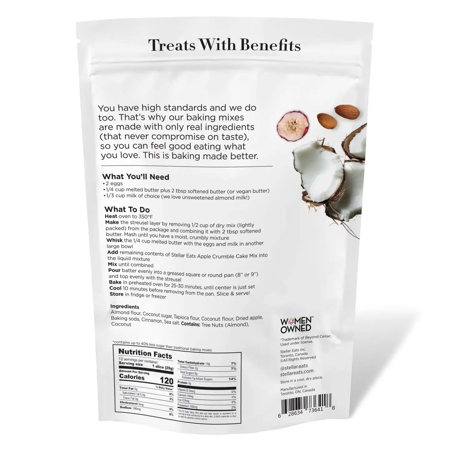 Back of a baking mix package with text and images of ingredients on a white background