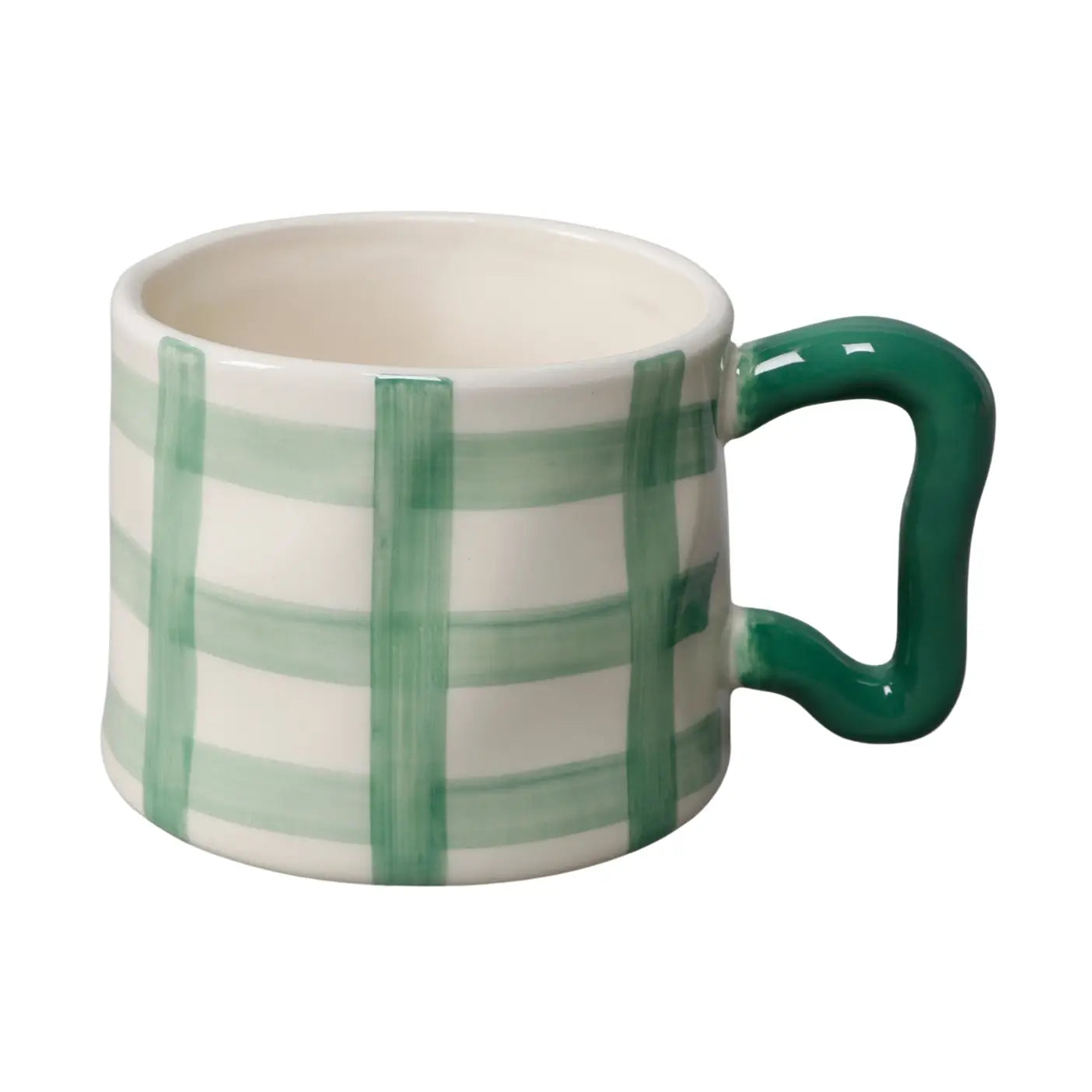 White mug with green checkered pattern and handle on a white background
