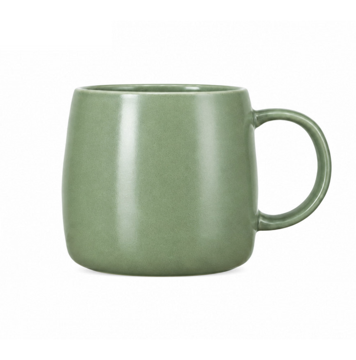 A matte sage green ceramic mug with a rounded body and a C-shaped handle, shown on a plain white background.