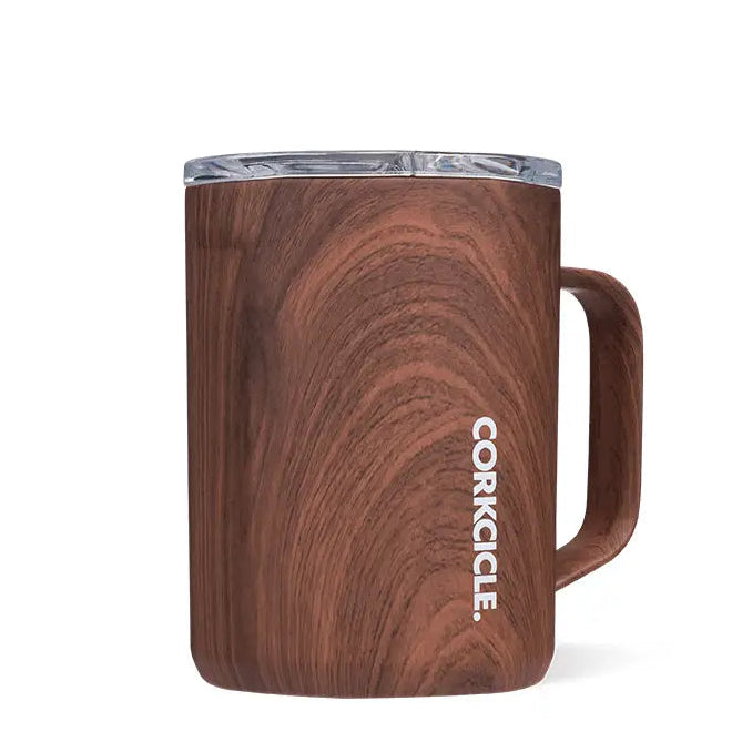 Wooden-textured mug with handle and Corkcicle logo on a white background