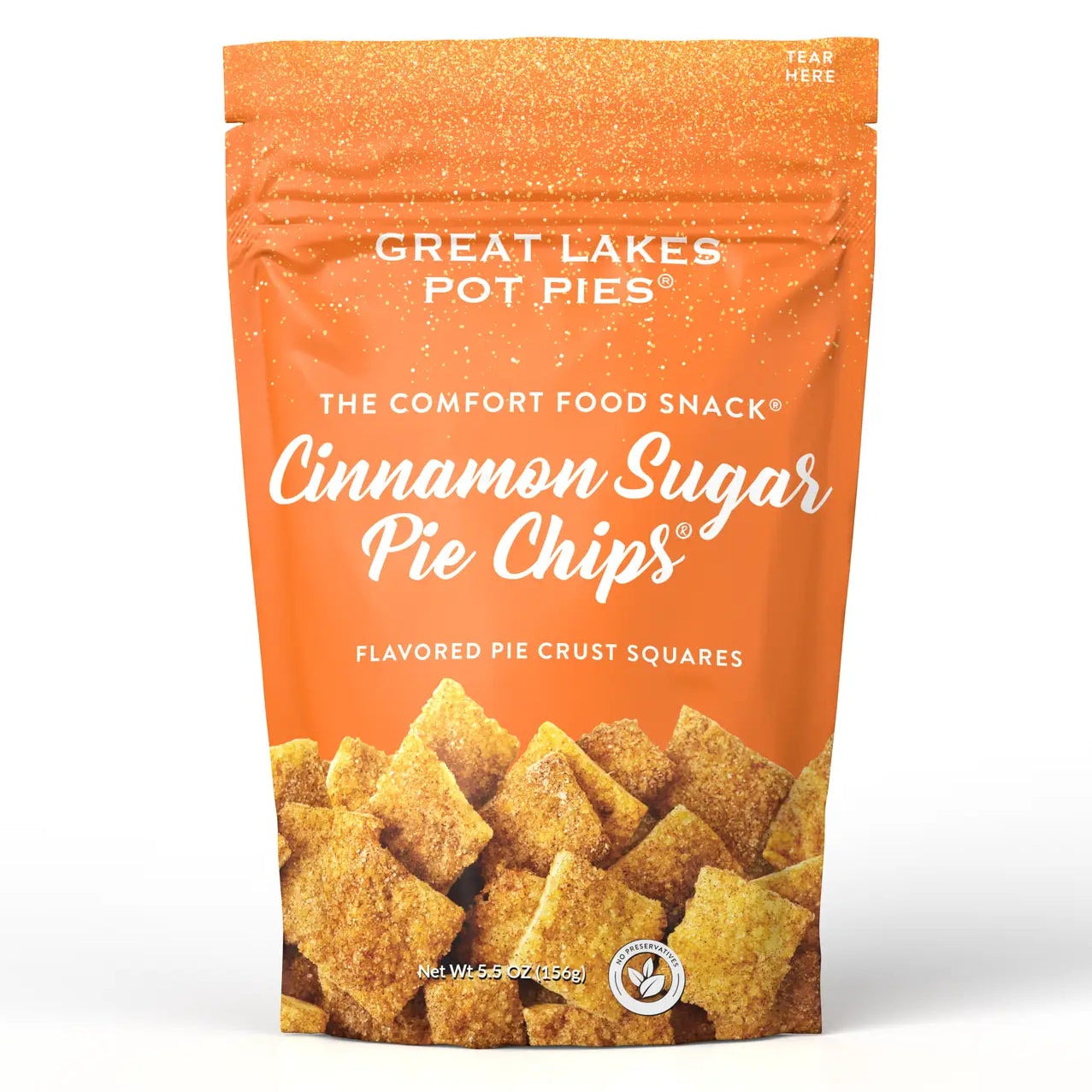 Packaging of Great Lakes Pot Pies Cinnamon Sugar Pie Chips on a white background
