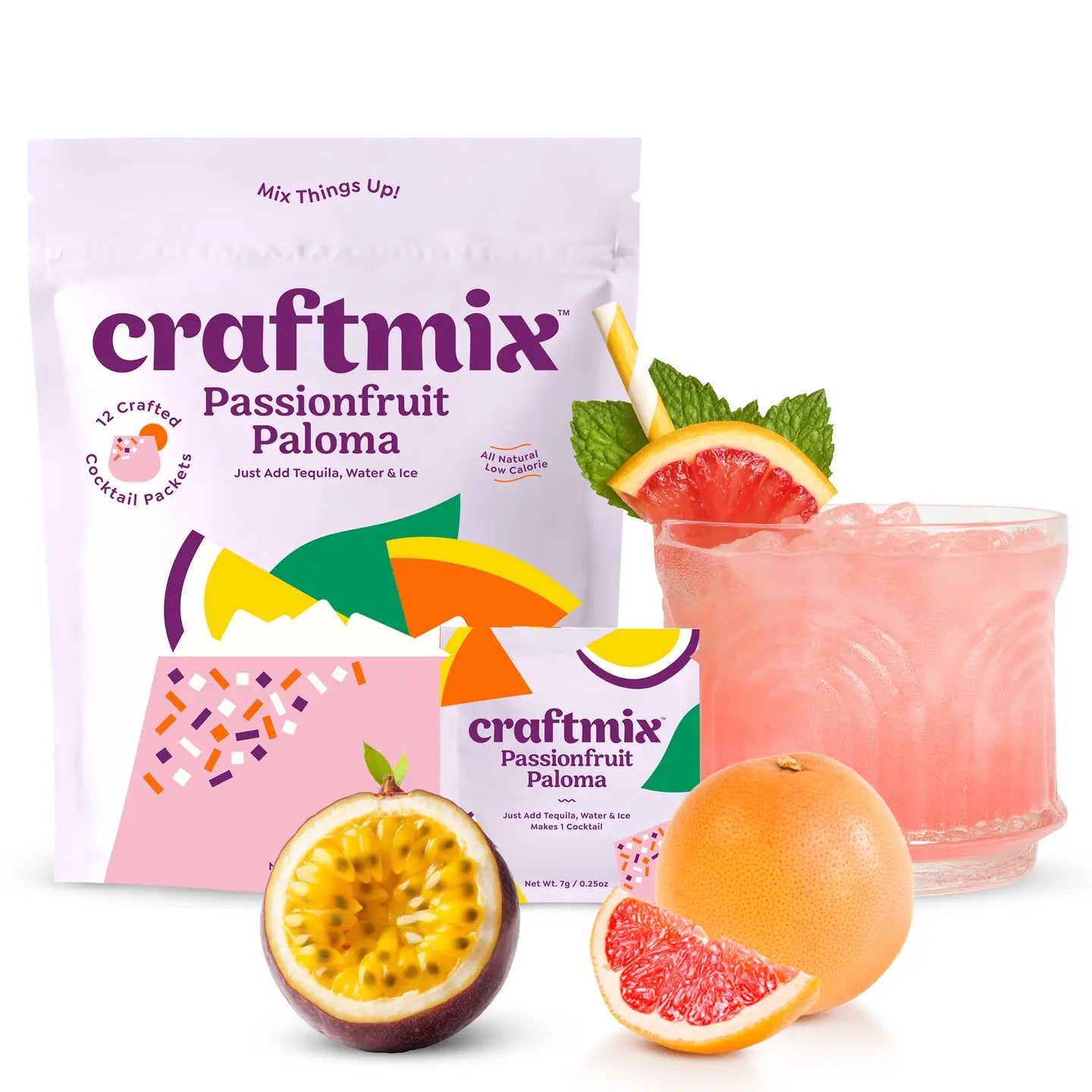 Craftmix Passionfruit Paloma mix package with a cocktail and ingredients on a white background