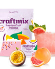 Craftmix Passionfruit Paloma mix package with a cocktail and ingredients on a white background