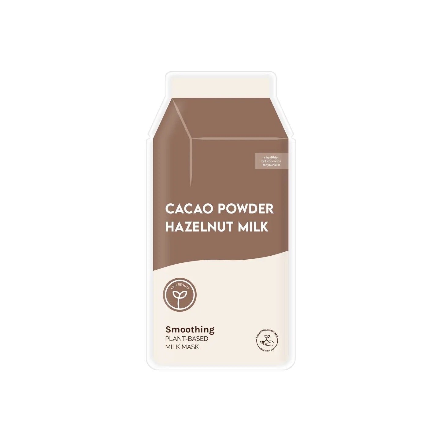 Cacao Powder Hazelnut Milk Smoothing Plant-Based Milk Mask packaging on white background.
