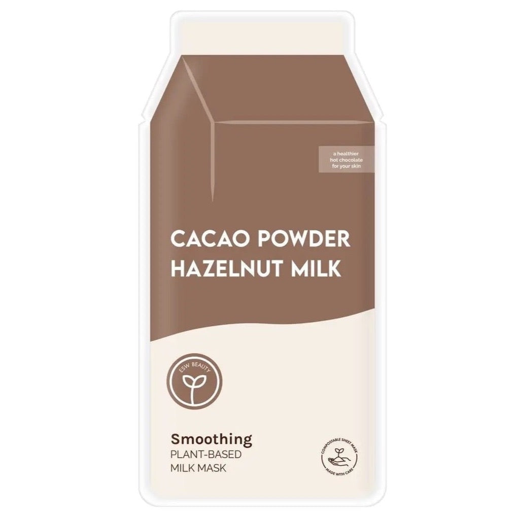 Cacao Powder Hazelnut Milk Smoothing Plant-Based Milk Mask packaging on white background.