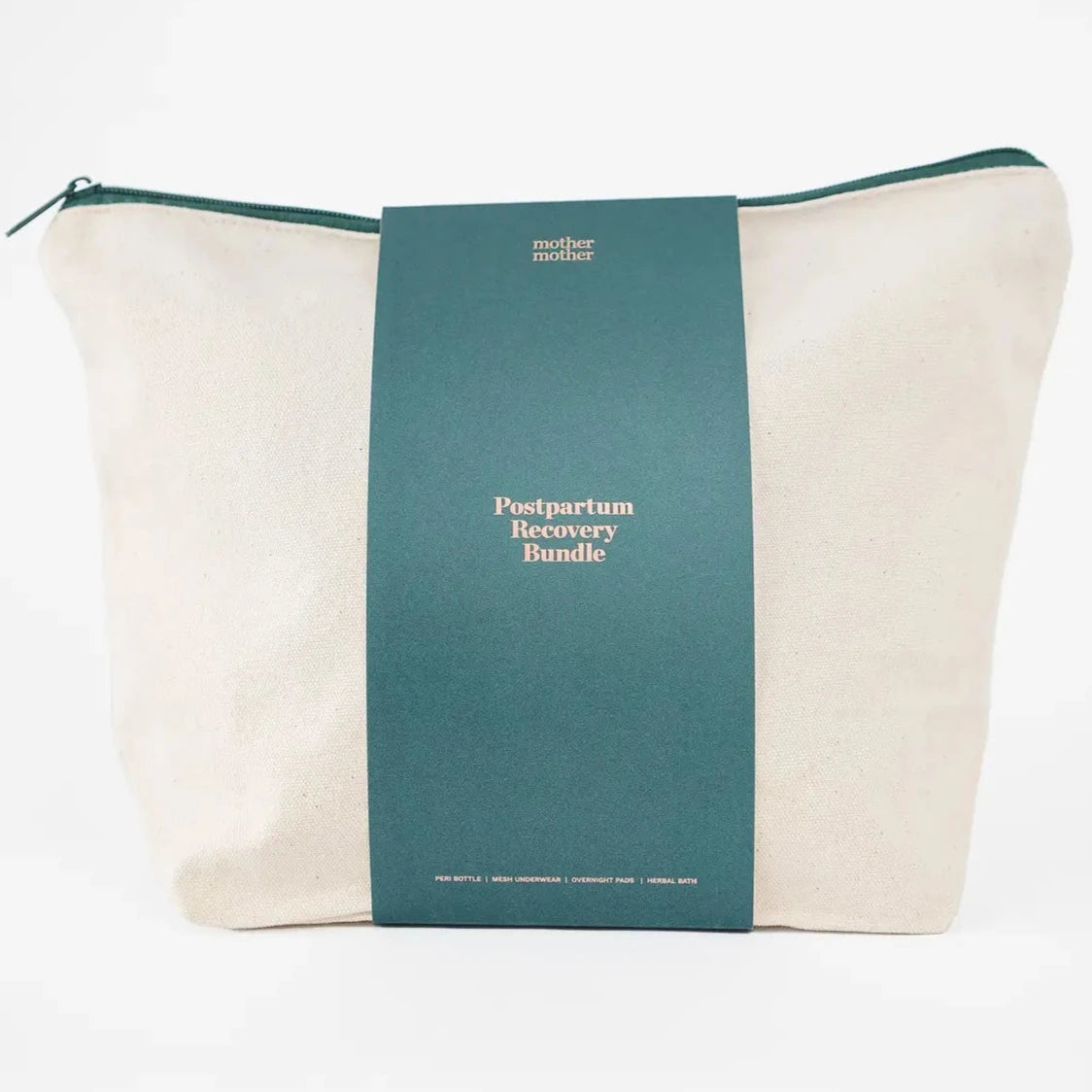 Canvas Bag with paper band that reads Postpartum Recovery Bundle