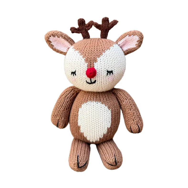Knitted reindeer toy with a white face and brown body on a white background