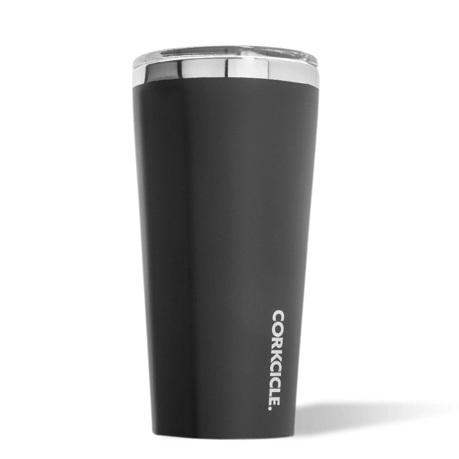 Black tumbler with silver lid on a white background