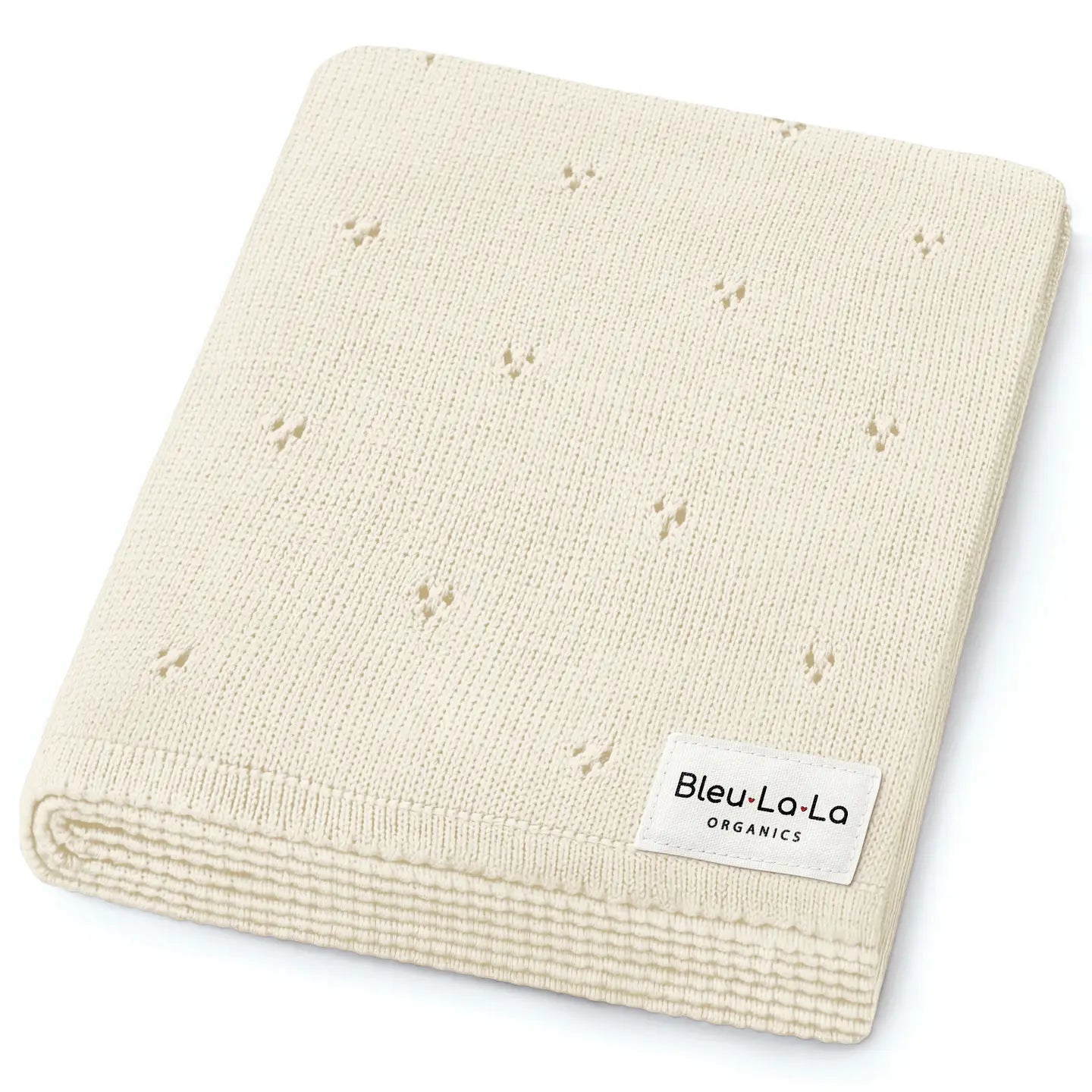 Beige baby blanket with 'Bleu La La Organics' label on a white background