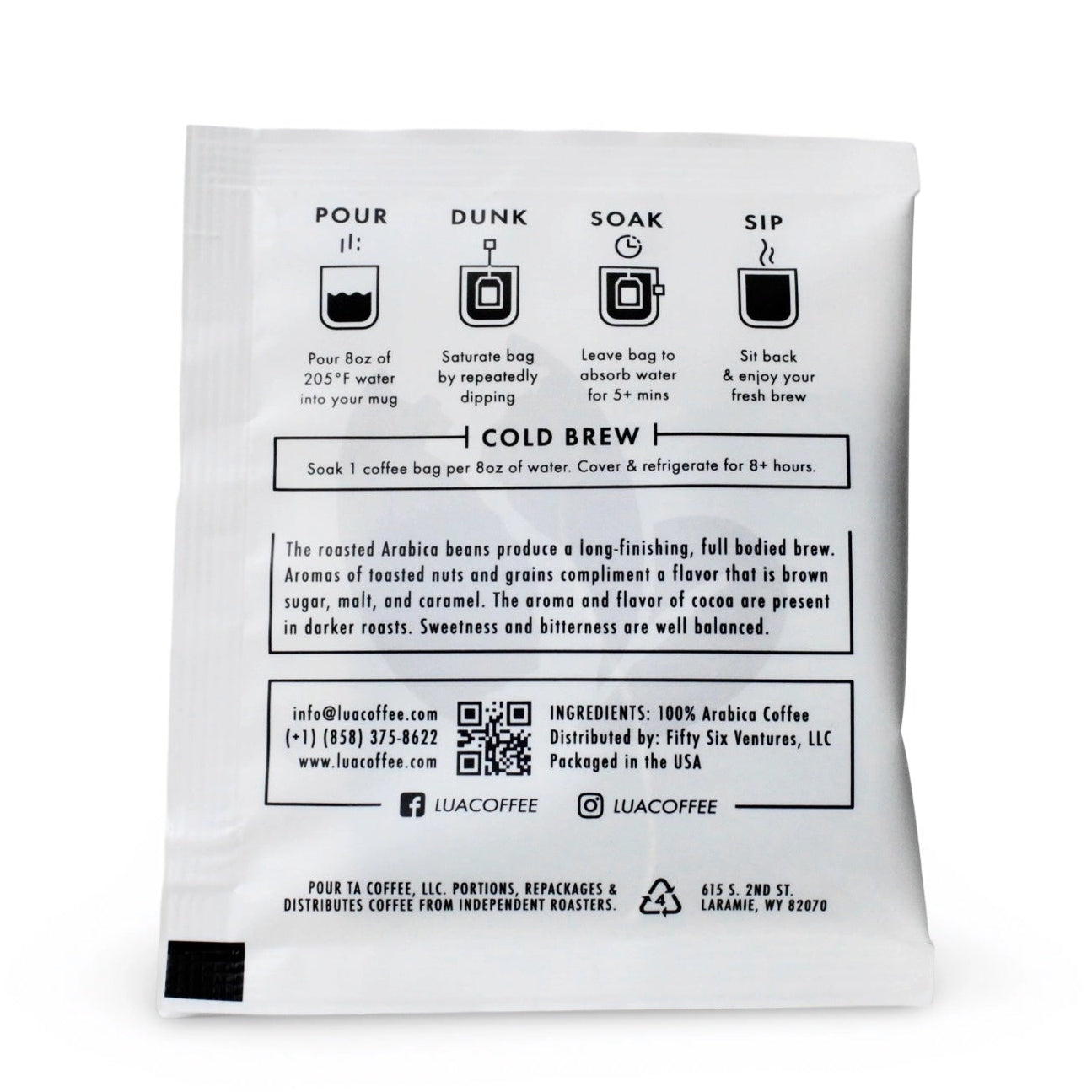 The back of a white reusable coffee bag with printed instructions, ingredients, QR codes, and branding for Cold Brew and SauCaffee, photographed on a white background.