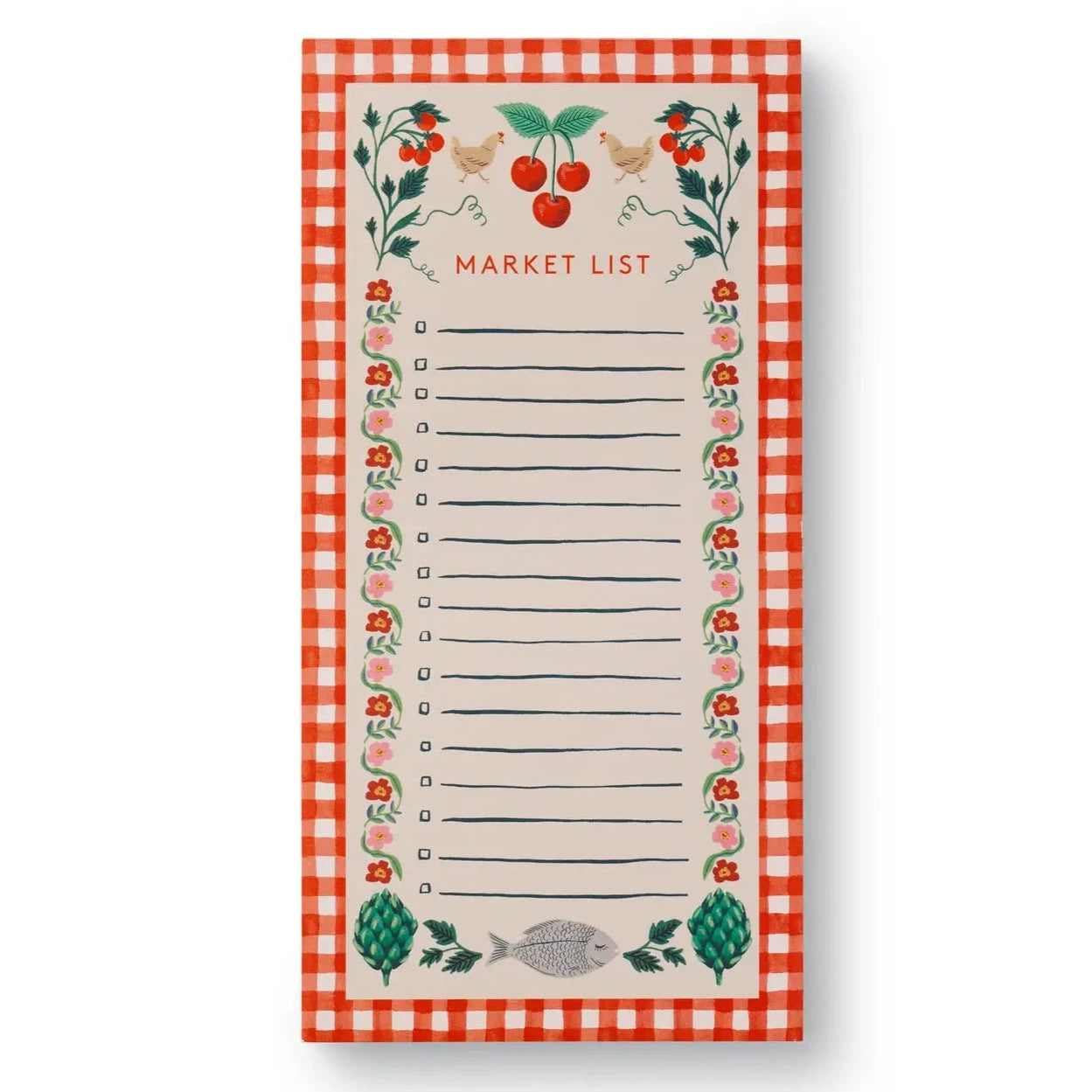 market list with checkered red border covered in designs with cherries, chickens, artichokes, and fish