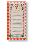 market list with checkered red border covered in designs with cherries, chickens, artichokes, and fish