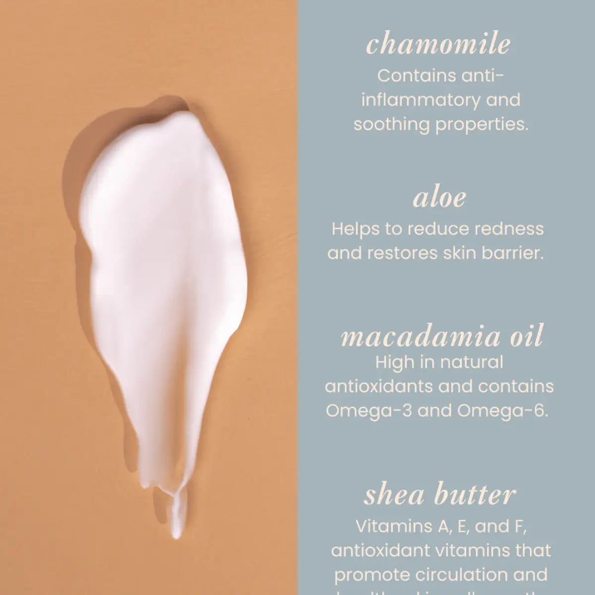 Product smear with text about chamomile, aloe, macadamia oil, and shea butter on a split background.