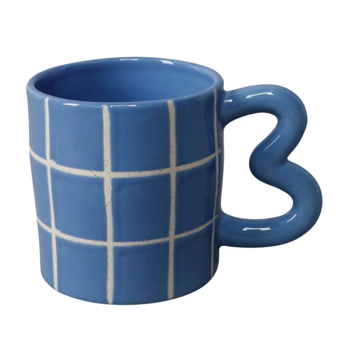 blue tile checkered ceramic mug with heart shaped handle