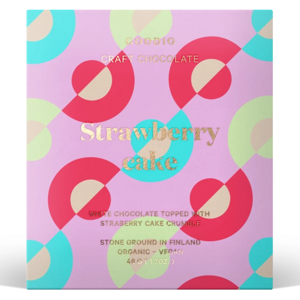 purple square chocolate with circles in red green and blue. has gold text on the cover 